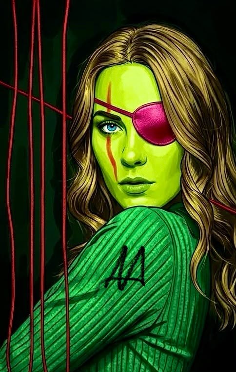 Ritratto di donna dal volto verde con benda sull'occhio, digital print