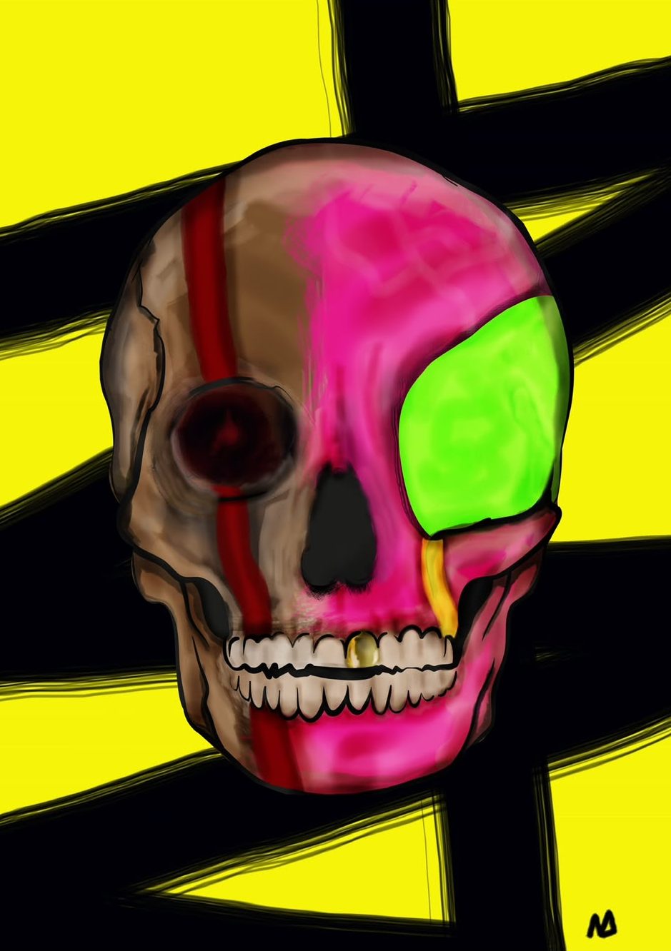 Teschio rosa disegnato in digitale su fondo giallo