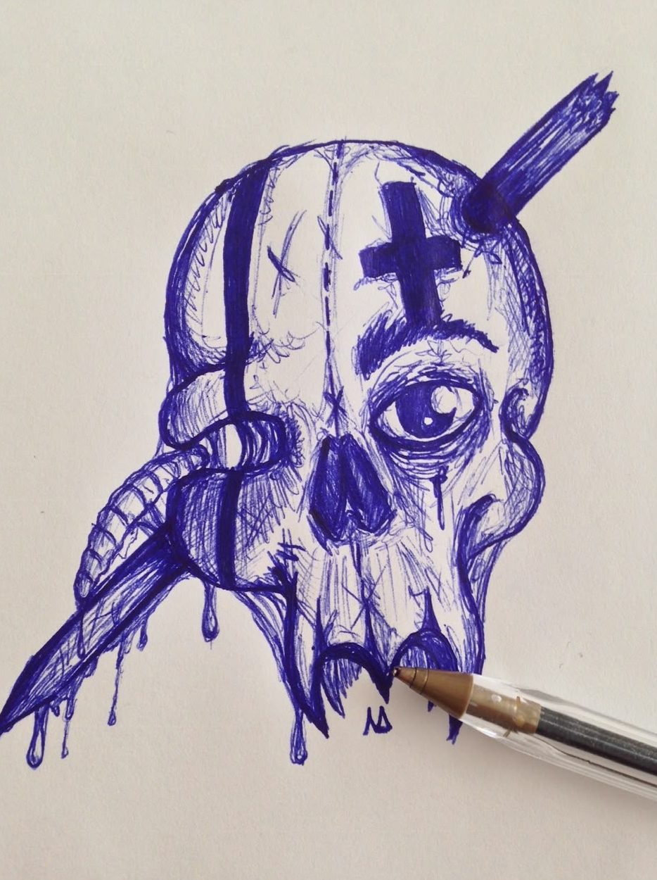 Teschio con croce e lama, penna blu