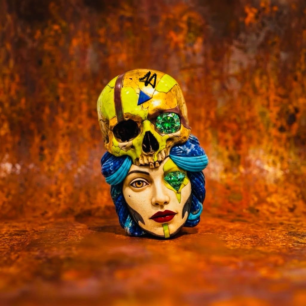 Teschio colorato sopra un volto di donna, 3D digital print