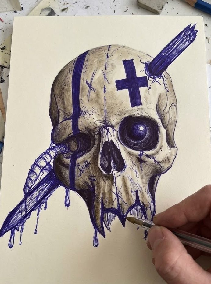 Teschio con croce in lavorazione, colorato a mano
